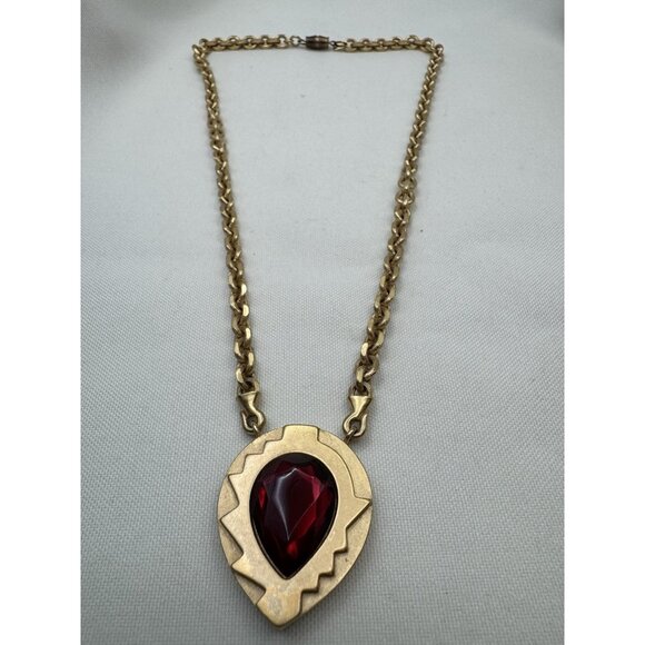 Vintage Monet Art Deco Choker Necklace Gold Red Rhinestone Teadrop 20” Runway - Picture 9 of 10